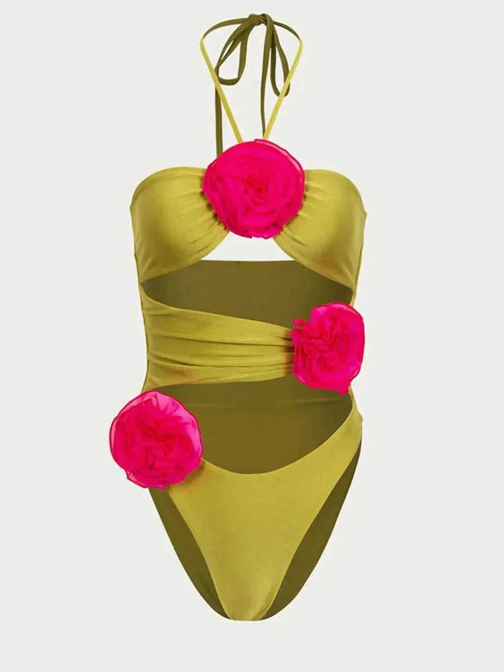 Flower Cutout Halter : Neck One-Piece Swimwear