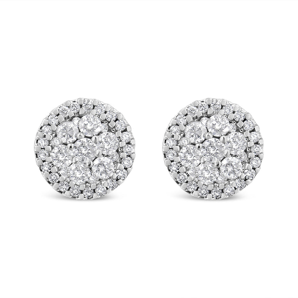 14K White Gold 1.0 Cttw Brilliant-Cut Diamond Halo-Style Cluster Round Button Stud Earrings (H-I Color, I1-I2 Clarity)