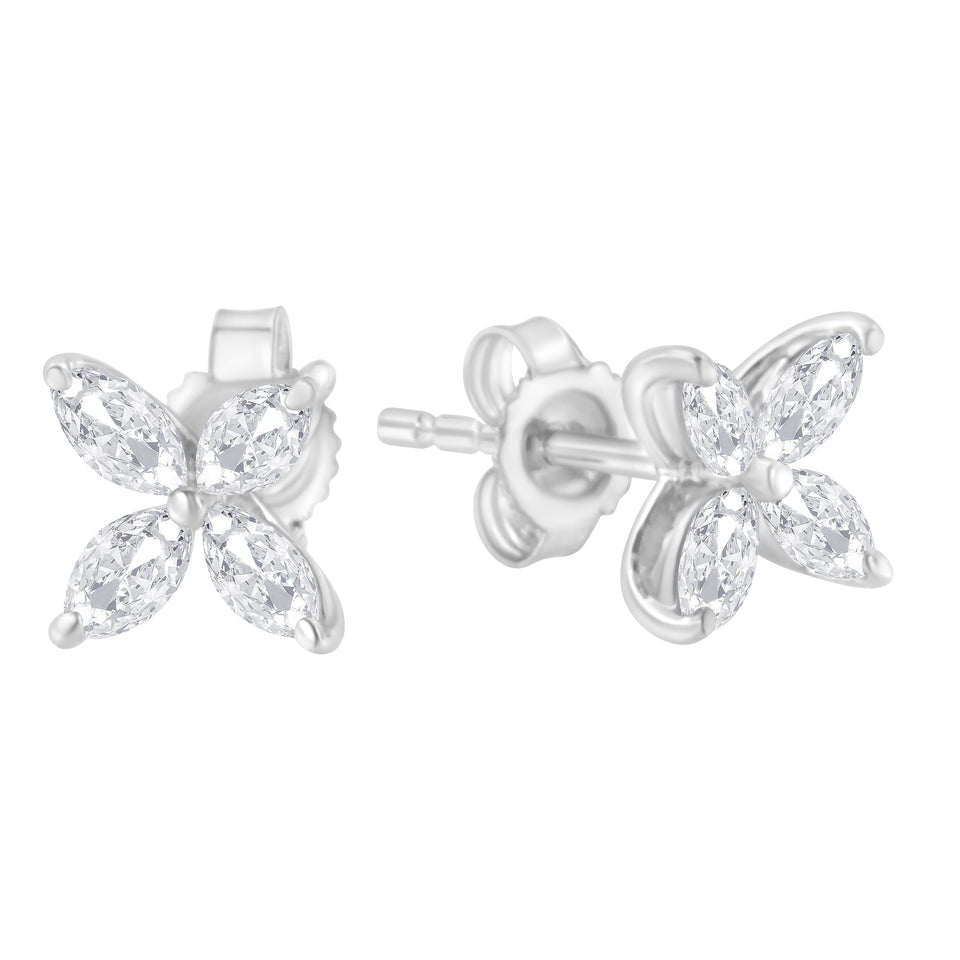 14K White Gold 1/2 Cttw Marquise Diamond 8 Stone Floral Leaf Stud Earrings (H-I Color, SI1-SI2 Clarity)