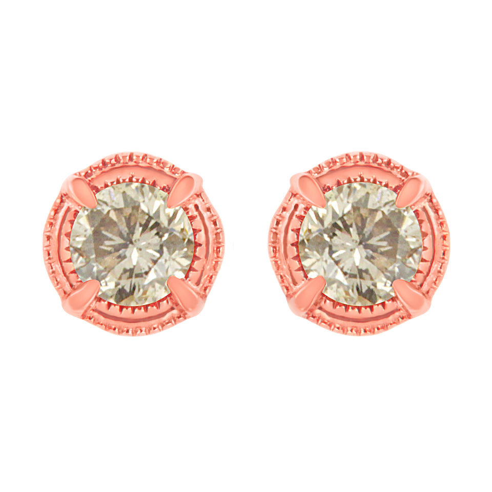14K Yellow Gold Plated .925 Sterling Silver 1.0 Cttw Round Brilliant Cut Diamond Solitaire Milgrain Stud Earrings (K-L Color, I2-I3 Clarity)