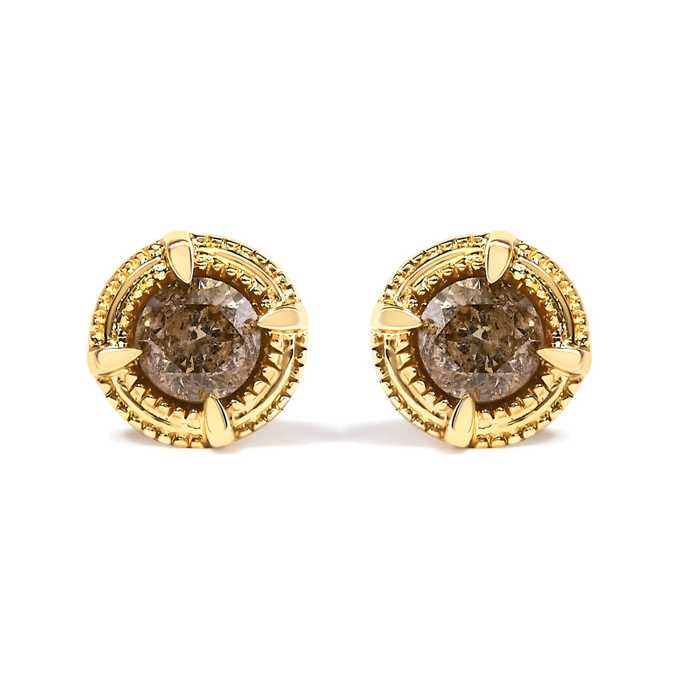 14K Yellow Gold Plated .925 Sterling Silver 1.0 Cttw Round Brilliant Cut Diamond Solitaire Milgrain Stud Earrings (K-L Color, I2-I3 Clarity)