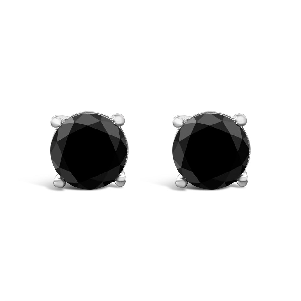 14K White Gold 2.00 Cttw Round Brilliant-Cut Black Diamond Classic 4-Prong Stud Earrings with Screw Backs (Fancy Color-Enhanced, I2-I3 Clarity)
