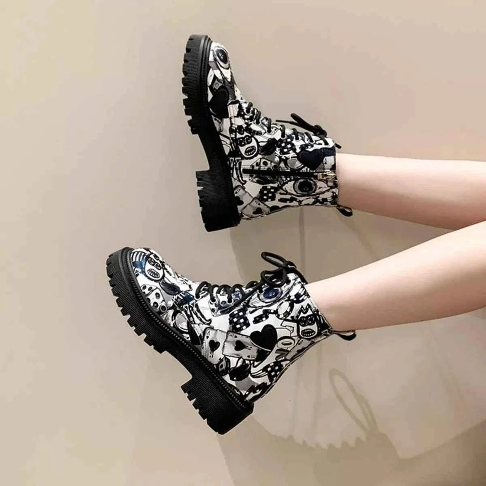 Graffiti Print Combat Boots : Colorful Street Art Design