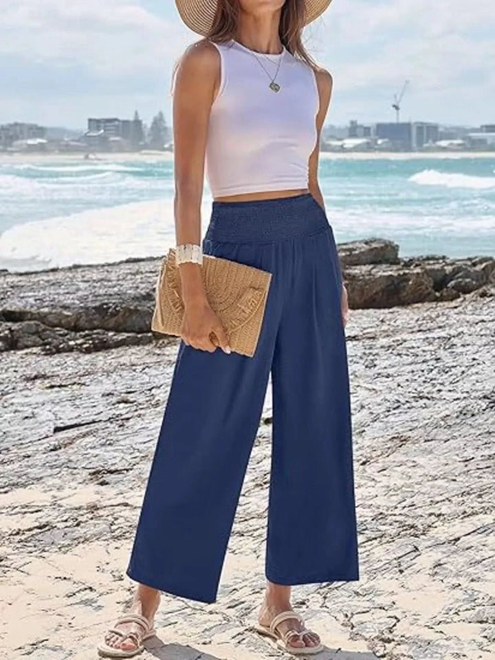 Wide Leg Smocked High Waist Pants With Pockets Polyester