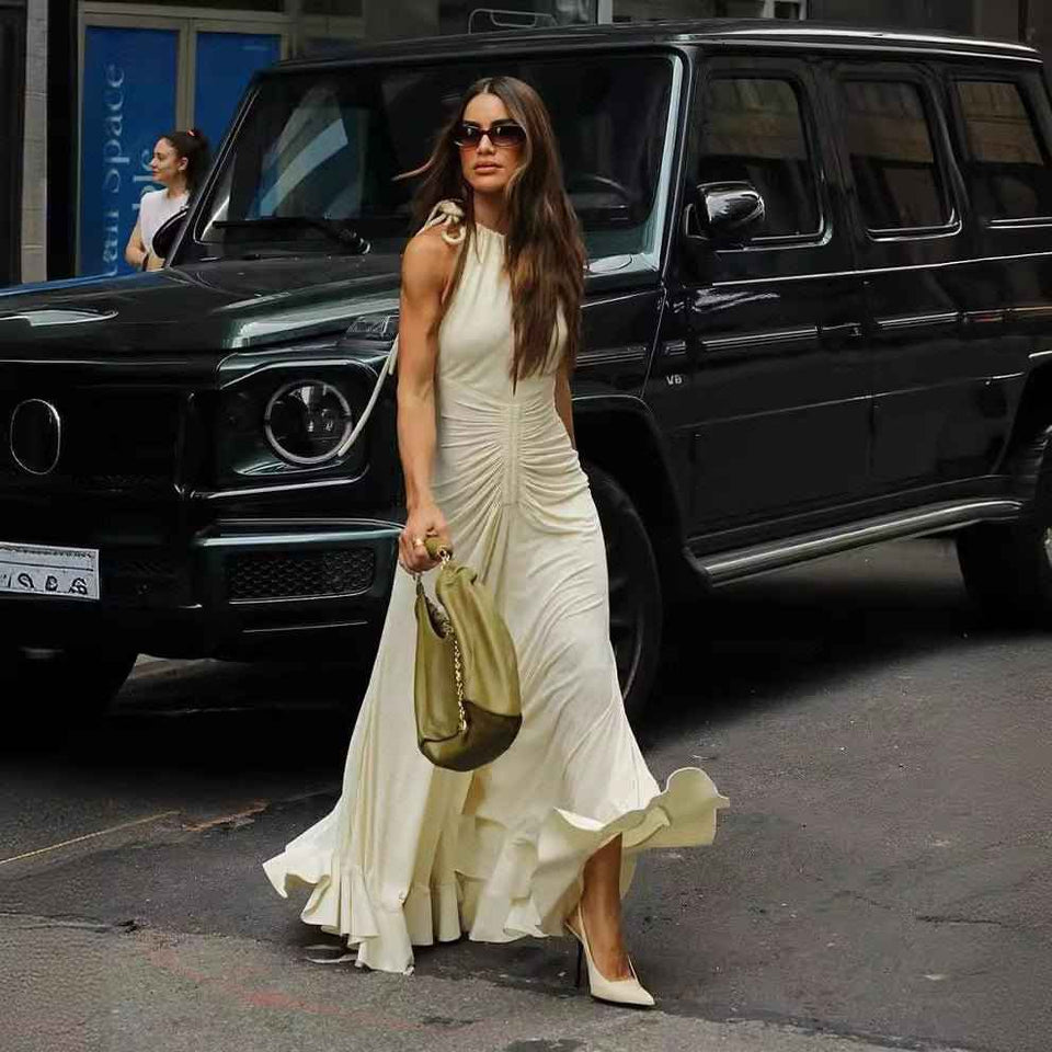 European & Egyptian Sleeveless Round Neck Pleated Dress