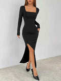 Square Neck Long Sleeve Slit : Bodycon Maxi Dress
