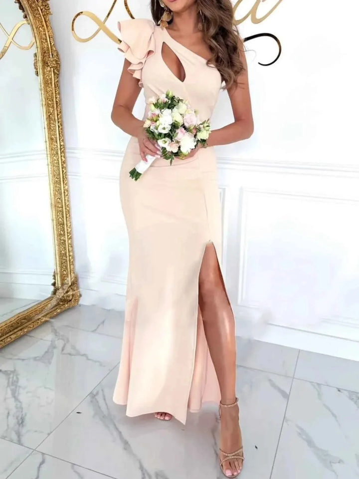 Cutout One Shoulder Ruffle : Split Dress