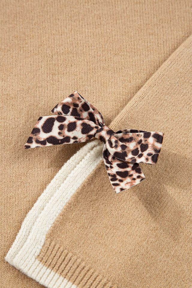 Racing Red Leopard Bow Decor Split Cuffs Contrast Trim Sweater