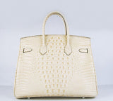 Hermes Birkin 35cm Crocodile Head Veins Handbags Beige Silver