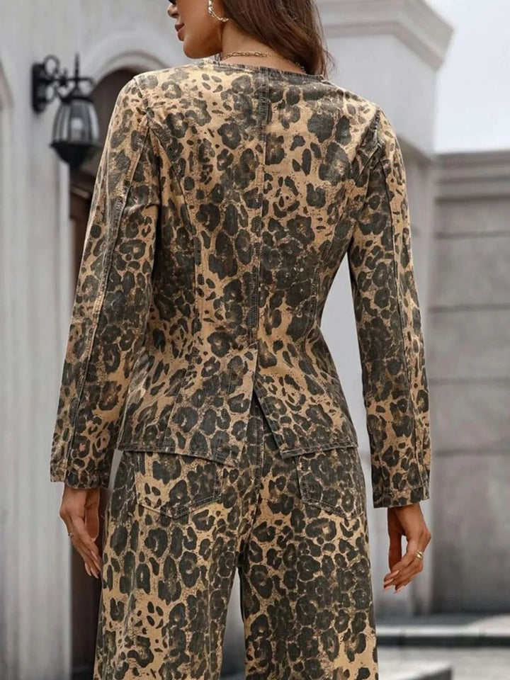 Leopard Button Up Long Sleeve Denim Shirt Slightly Stretchy