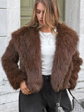 Open Front Faux Fur Cropped Jacket Women Lined Polyester