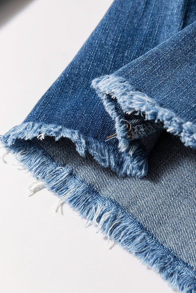 Sail Blue High Waist Jeans With Button Fly And Raw Hem