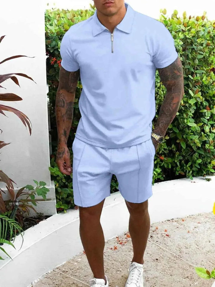 Men's Plus Size Collared Neck Outfits with Full Size Top and Shorts Set