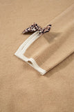 Racing Red Leopard Bow Decor Split Cuffs Contrast Trim Sweater
