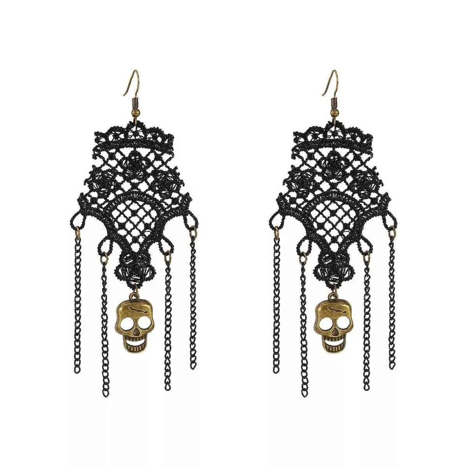 Halloween Lace Skull Necklace : Earrings Jewelry Set