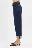 Risen Mid Rise Ankle Jeans With Wide Roll Up Cuffs Details