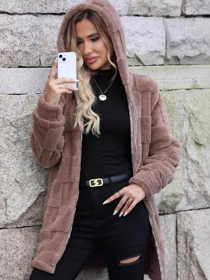 Oversized Fleece Zip Up Hooded Outerwear With Pockets