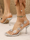 Flower Embellished Clear Strap : High Heel Sandals