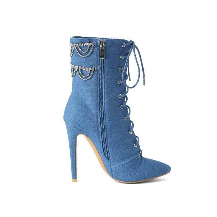 Rhinestone Chain Stiletto Pointed Toe : Ankle Boots
