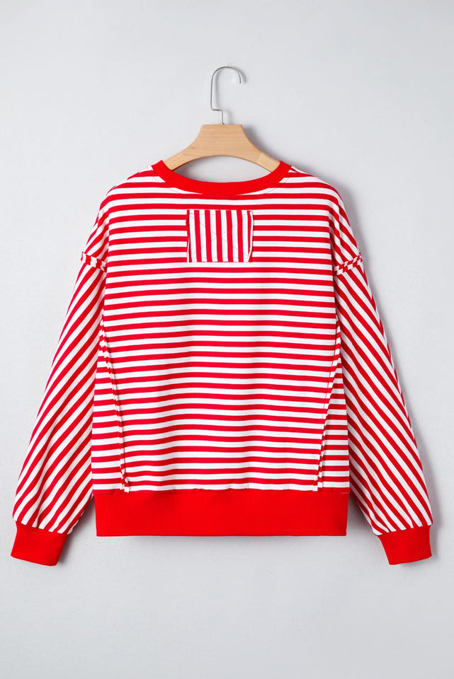 Red Striped Exposed Seam Drop Shoulder Long Sleeve Top