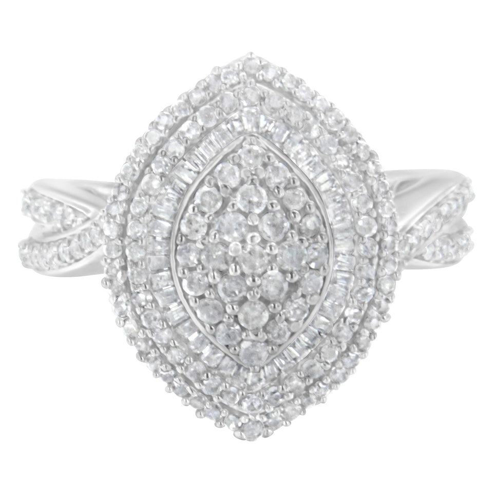 .925 Sterling Silver 1.0 Cttw Round & Baguette-Cut Diamond Marquise-Shaped Cluster Triple Stepped Halo Cocktail Fashion Ring (I-J Color, I2-I3 Clarity) - Size 7