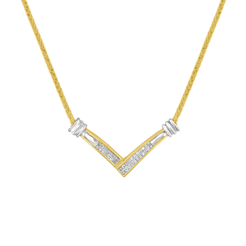 14K Yellow and White Gold 1/4 Cttw Princess Cut Diamond Channel-Set â€œVâ€ Shape 18" Pendant Necklace (H-I Color, SI2-I1 Clarity)