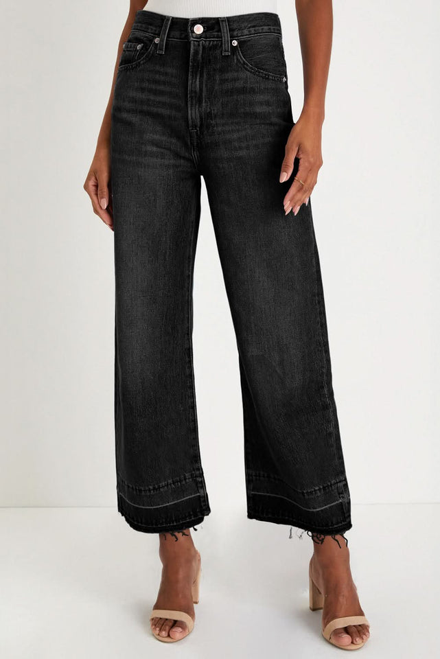 Black Raw Hem Loose Straight Leg High Waist Jeans Denim