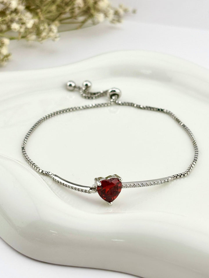 925 Sterling Silver Adjustable Heart Bracelet with Red CZ – Valentine’s Day Jewelry Gift - Wear with style