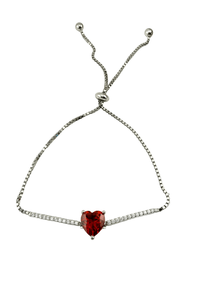 925 Sterling Silver Adjustable Heart Bracelet with Red CZ – Valentine’s Day Jewelry Gift - Wear with style