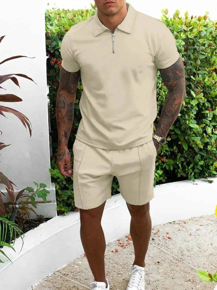 Men's Plus Size Collared Neck Outfits with Full Size Top and Shorts Set