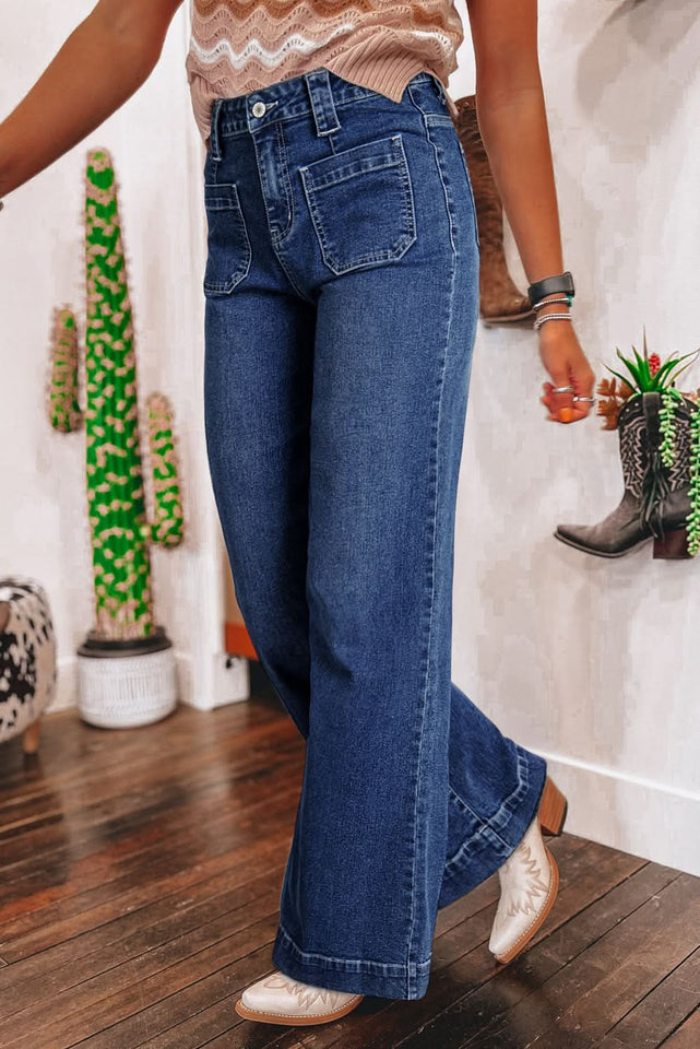 Sail Blue High Waist Wide Leg Jeans With Patch Pockets