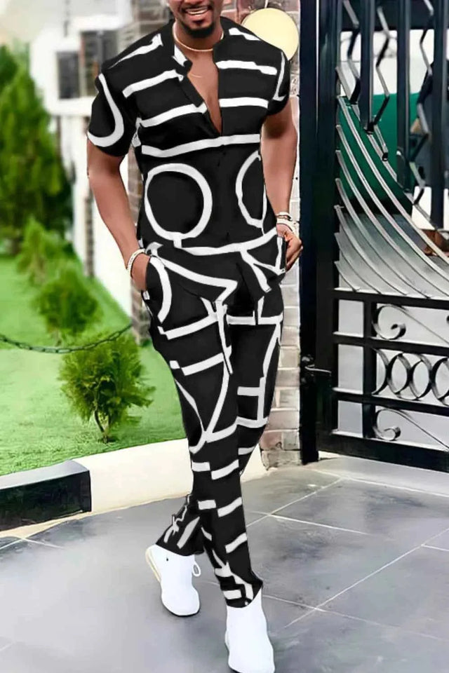 Men's Full Size Geo Print Short Sleeve Top and Pants Set Plus Size