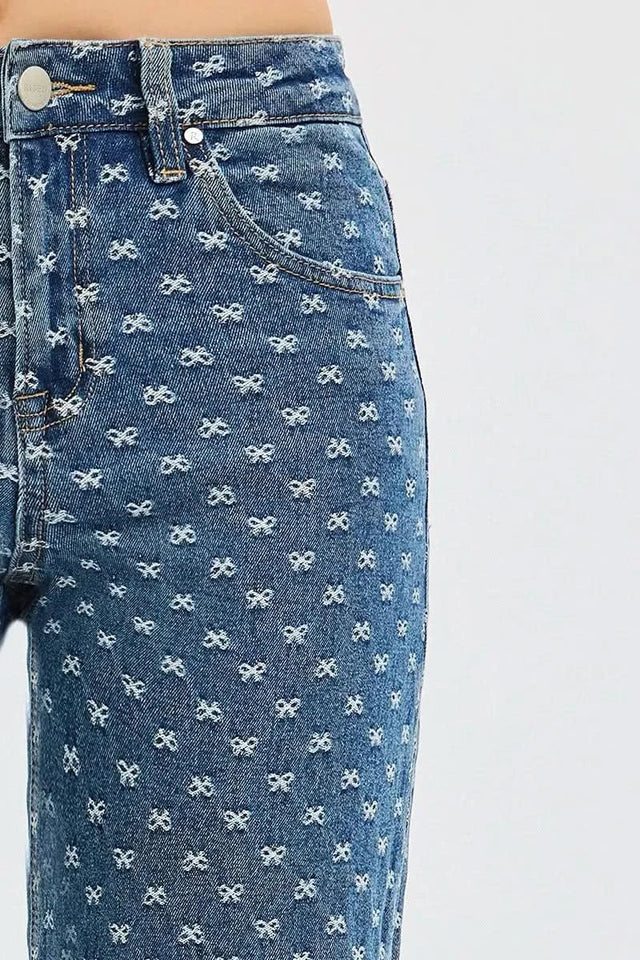 Risen High Rise Wide Leg Bow Embroidered Jeans For Women