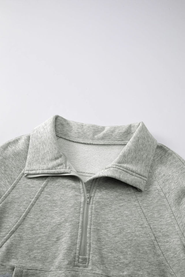 Green Zip Stand Collar Ribbed Thumbhole Sleeve Sweatshirt