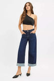 Risen Mid Rise Ankle Jeans With Wide Roll Up Cuffs Details