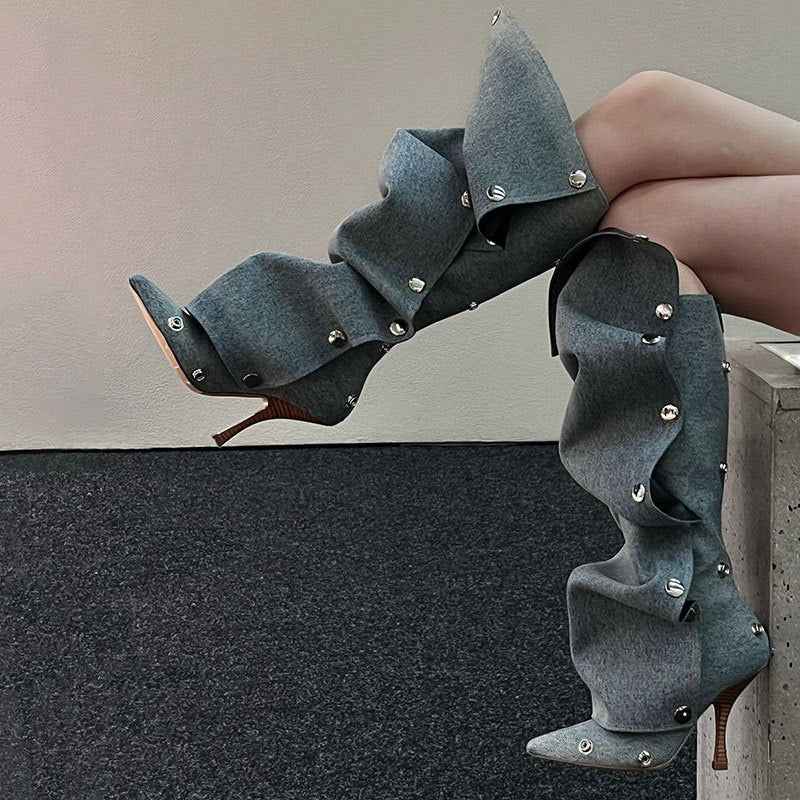Stud Pleated Cowboy Boots : Pointed Toe High Heels
