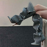 Stud Pleated Cowboy Boots : Pointed Toe High Heels
