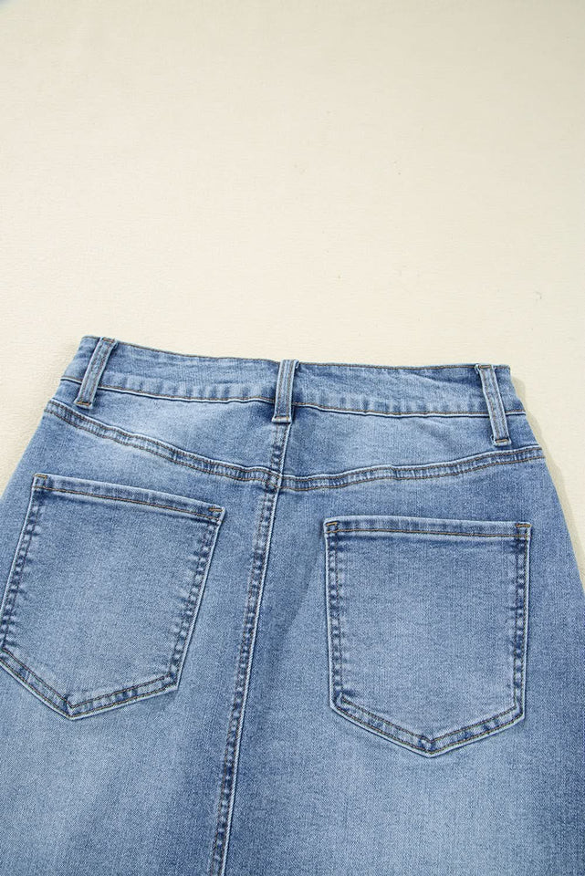 Myosotis Distressed Hem Denim Midi Skirt Irregular Look