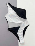 Stylish One-Piece Swimsuit with Contrast Panel Design