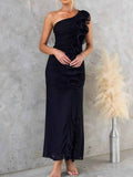 Stylish One-Shoulder Ruffle : Slit Dress