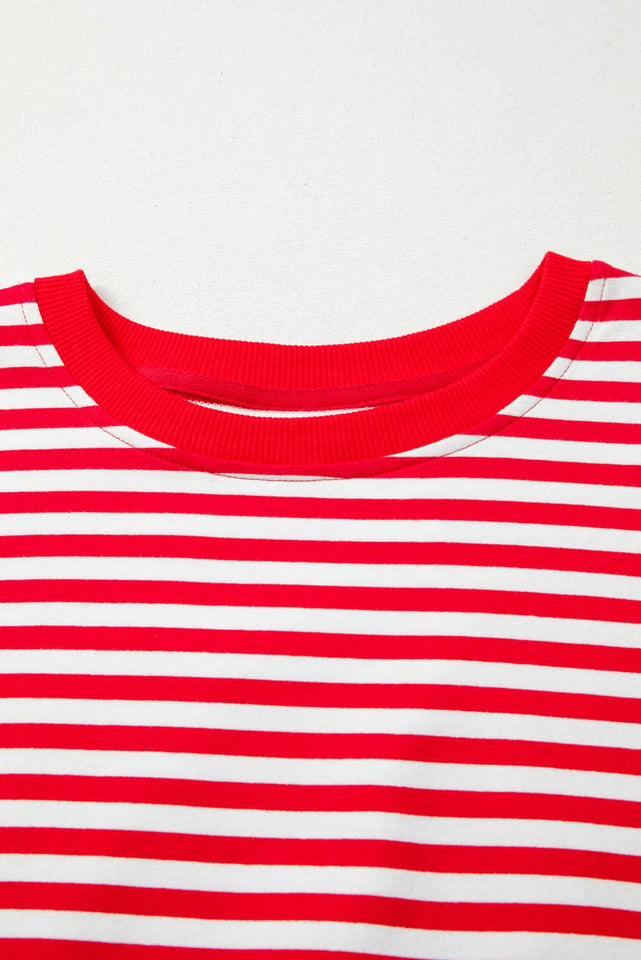 Red Striped Exposed Seam Drop Shoulder Long Sleeve Top