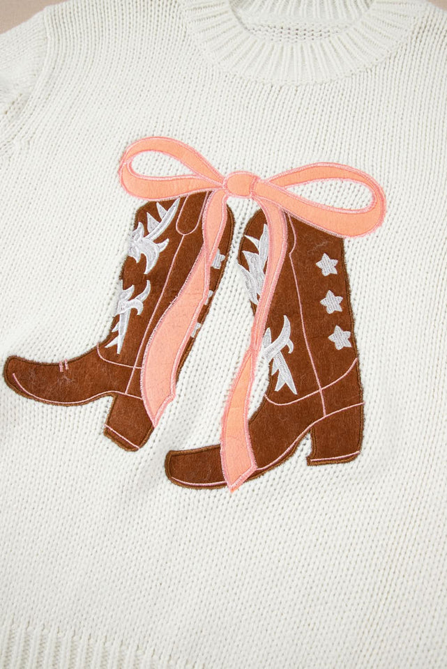 White Embroidered Bow Graphic Drop Shoulder Sweater