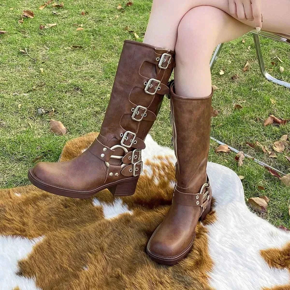 Block Heel Knee High : Motorcycle Boots With Buckle