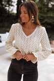Beige Flower Lace V Neck Puff Sleeve Blouse For Women