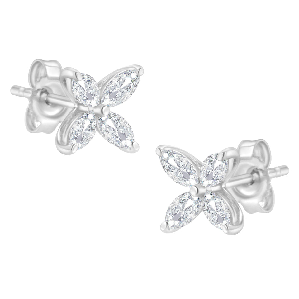 14K White Gold 1/2 Cttw Marquise Diamond 8 Stone Floral Leaf Stud Earrings (H-I Color, SI1-SI2 Clarity)