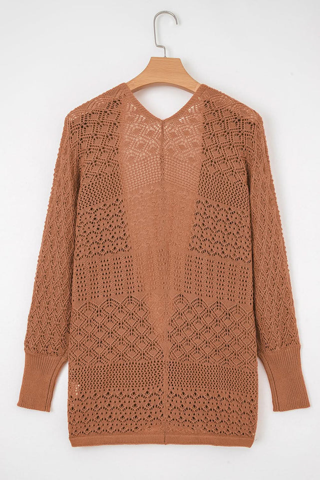 Jet Stream Mix Pattern Hollow Knit Open Front Cardigan