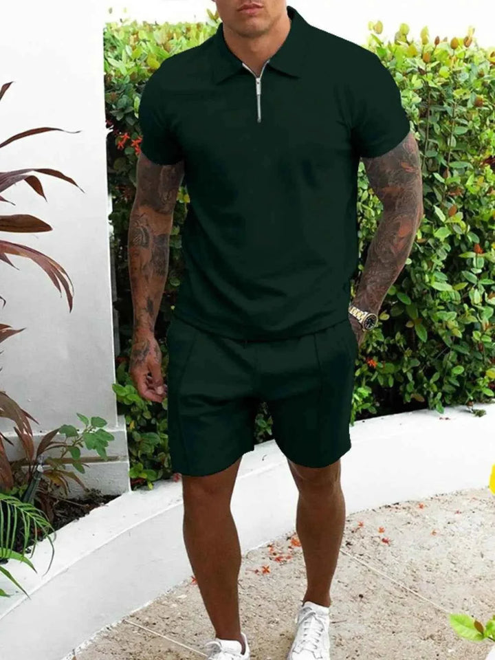 Men's Plus Size Collared Neck Outfits with Full Size Top and Shorts Set