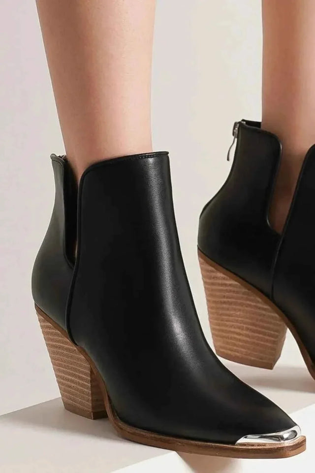 Beast Fashion Pointed : Metal-Tip Toe Block Heel Ankle Boots
