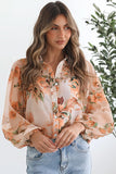 Orange Floral Puff Sleeve Polyester Lightweight Shirt