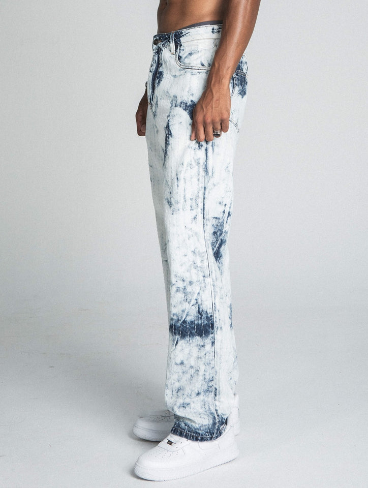 AJ01L - 1 DARK BLUE/WHITE TIE DYE THREAD LINE LOOSE JEANS - Wear with style